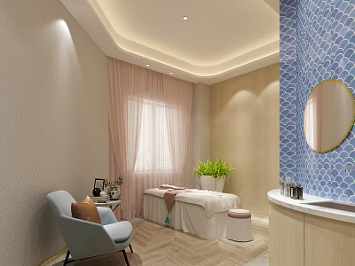SPA Sauna Interior With Massage Bed Green Plants Pink Curtains And Blue Armchair 3d model