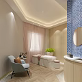 SPA Sauna Interior With Massage Bed Green Plants Pink Curtains And Blue Armchair