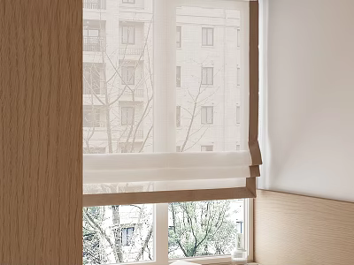 White Window Blinds For Indoor Window With Wooden Frame And Building Tree View 3d model