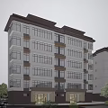 Modern Mid Rise Residential Building with Large Windows Brown Roof Lawn Shrubs and Parked Cars