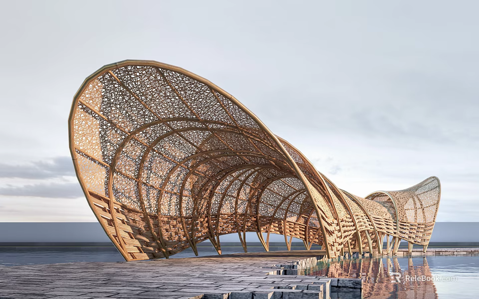 Modern Curved Wooden Pergola With Intricate Openwork Design And Water Reflection 3d model