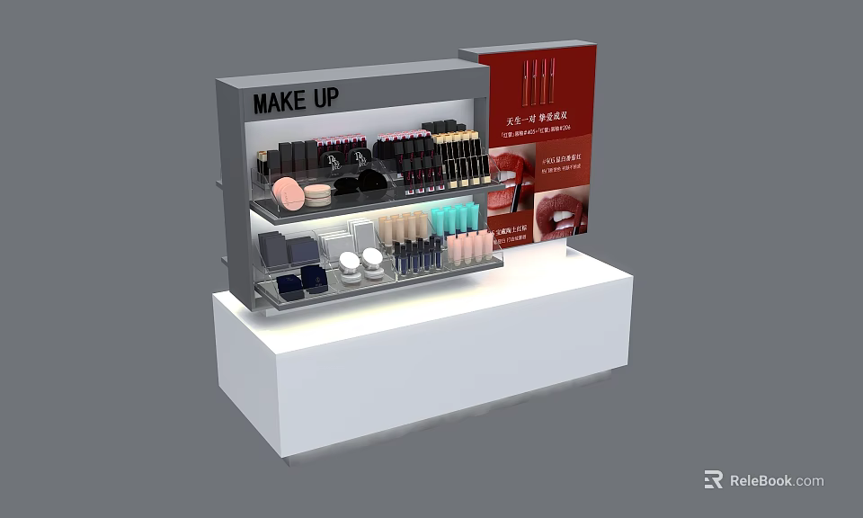 Retail Makeup Display Shelf With Organized Cosmetics And Red Promotional Sign 3d model 