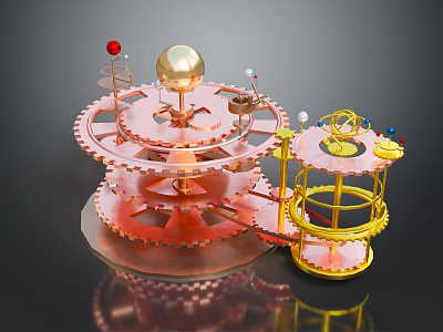 Steampunk Tiered Lighting Combinations With Rotating Brass Gears And Colorful Spheres 3d model
