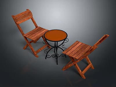 Rustic Wooden Folding Chairs With Small Round Table Orange Top Black Metal Legs 3d model