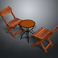 Rustic Wooden Folding Chairs With Small Round Table Orange Top Black Metal Legs