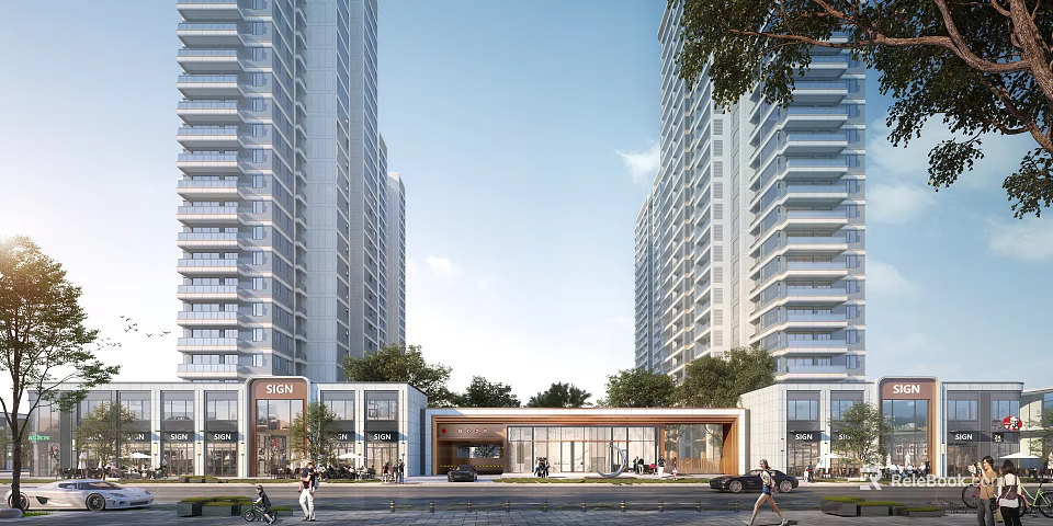 Modern Urban Commercial Street With High Rise Apartment Buildings Shops Pedestrians And Green Trees 3d model