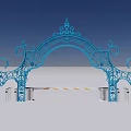 Ornate Blue Iron Entrance Gate With Silver Automatic Turnstiles And Yellow Black Stripes