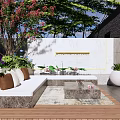 Courtyard Garden Design With Wooden Deck White Sofa Brown Pillows Stone Table And Green Plants