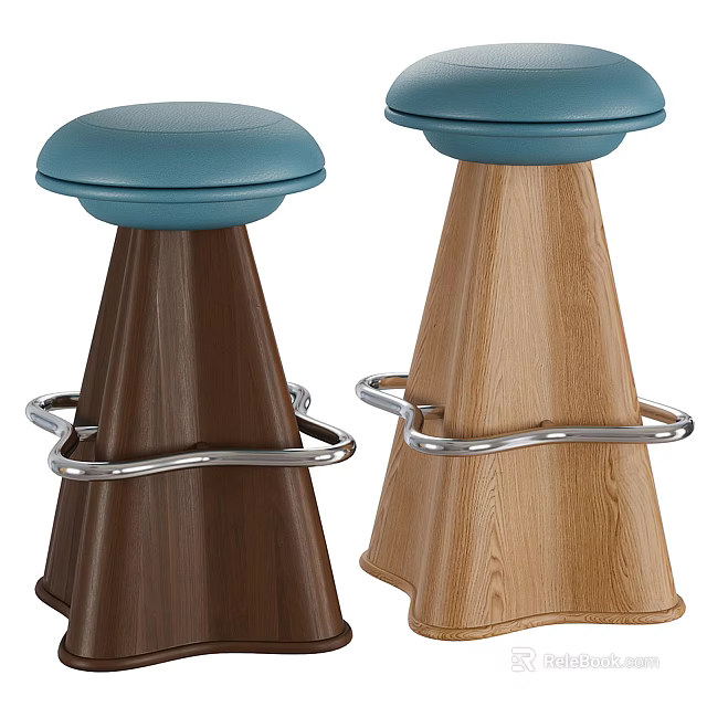Modern Bar Stools With Wooden Base Blue Seats And Metal Footrests 3d model 