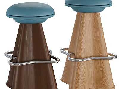 Modern Bar Stools With Wooden Base Blue Seats And Metal Footrests 3d model