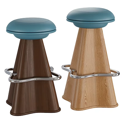 Modern Bar Stools With Wooden Base Blue Seats And Metal Footrests 3d model