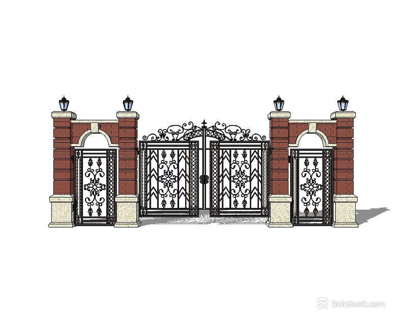 Elegant Wrought Iron Entrance Gate With Red Brick Pillars And Top Lamps 3d model 
