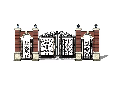 Elegant Wrought Iron Entrance Gate With Red Brick Pillars And Top Lamps 3d model