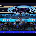 Modern Bar Interior With Colorful Light Background DJ Stage And Glass Tables