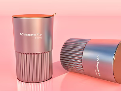 Stylish OCC Elegance Cup With Silver Ribbed Design And Orange Lid On Pink Background 3d model