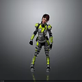 Futuristic Female Character In Yellow And Black Armor Suit Standing On Reflective Gray Background