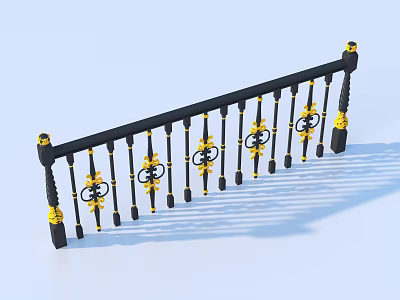 Elegant Black Metal Railing With Golden Floral Ornamental Posts And Decorative Patterns 3d model