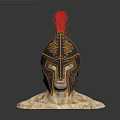 Ancient Warrior Helmet with Golden Decorations and Red Plume on Stone Base Historical Weaponry Design