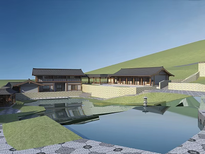 Ancient Architecture Complex With Traditional Roofs Reflective Pond And Hillside Setting 3d model