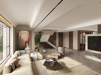 Modern Living Room Interior Design With Beige Sofa Woven Rug And Marble TV Wall 3d model