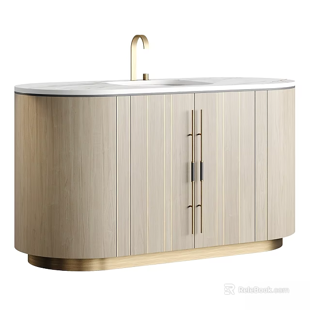 Modern Bathroom Vanity With Wooden Cabinet White Countertop And Gold Faucet 3d model 