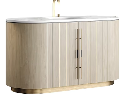 Modern Bathroom Vanity With Wooden Cabinet White Countertop And Gold Faucet 3d model