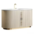 Modern Bathroom Vanity With Wooden Cabinet White Countertop And Gold Faucet