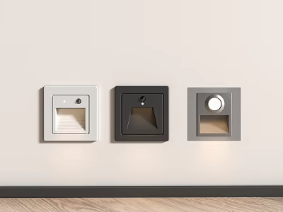 Three Different Colored Square Wall Lights Installed On Light Colored Wall With Wooden Floor 3d model