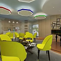 School Music Room With Colorful Ceiling Lights Yellow Chairs And Black Piano