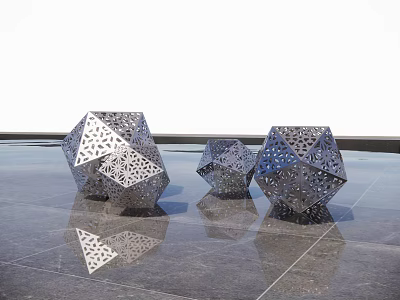 Metallic Polyhedral Landscape Sculptures With Hollowed Patterns On Sleek Ground And Reflections 3d model