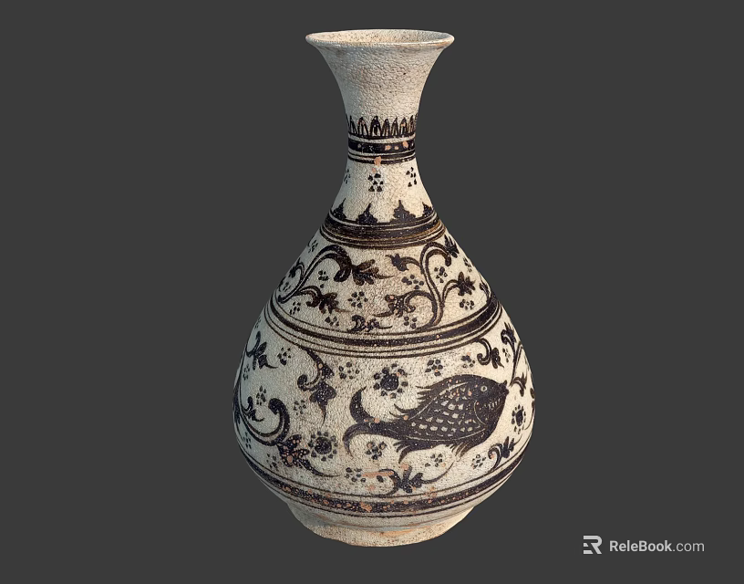 Traditional Ceramic Vase With Intricate Floral And Fish Patterns Design 3d model