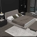 Modern Double Bed Design With Striped Headboard Pillows Bedspread Nightstand Floor Lamp And Area Rug