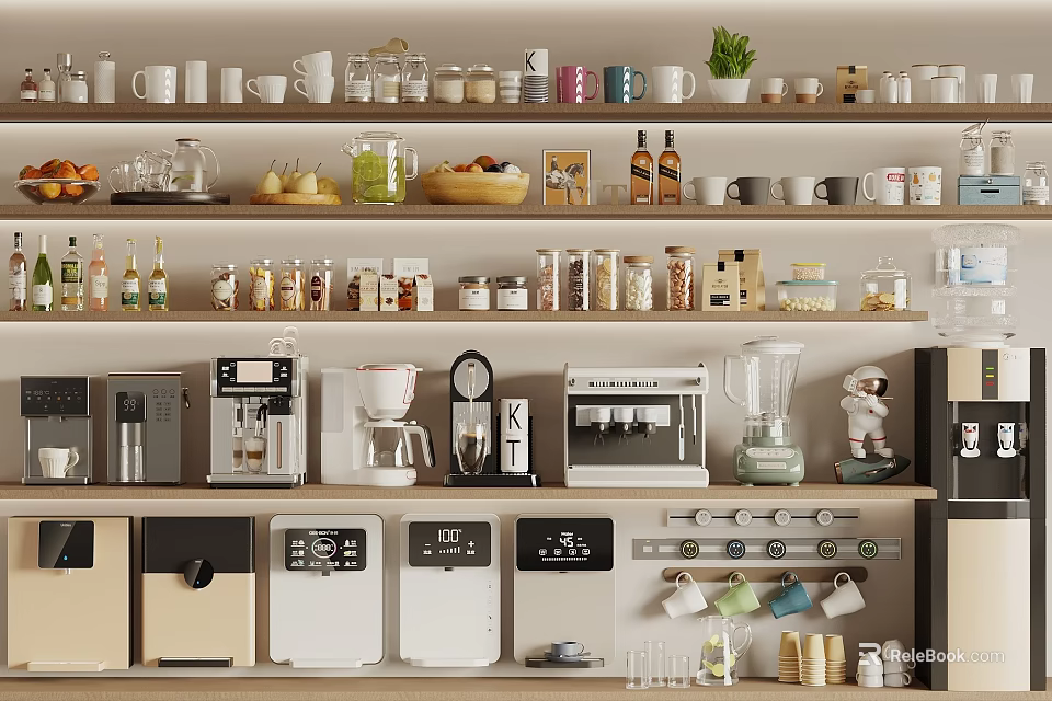Organized Kitchen Shelves Featuring Mugs Spices Plants And Various Kitchen Appliances 3d model 