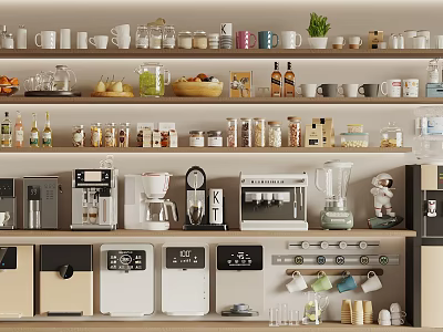 Organized Kitchen Shelves Featuring Mugs Spices Plants And Various Kitchen Appliances 3d model