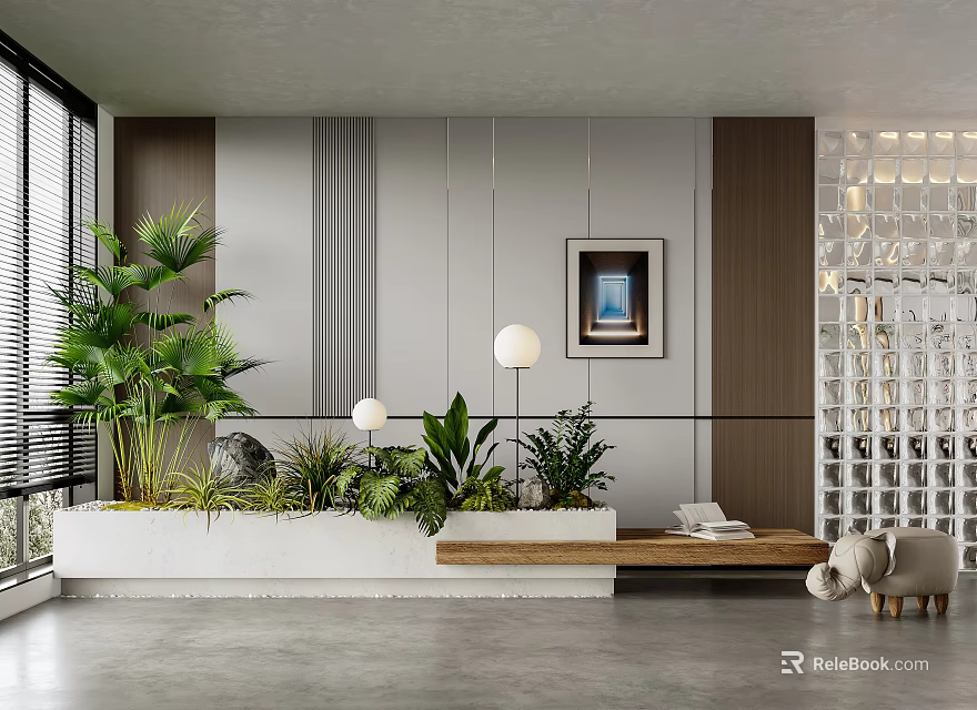 Modern Indoor Landscape With Large Windows Green Plants Framed Painting Spherical Lamps And Wooden Bench 3d model 