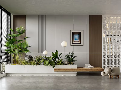 Modern Indoor Landscape With Large Windows Green Plants Framed Painting Spherical Lamps And Wooden Bench 3d model