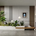 Modern Indoor Landscape With Large Windows Green Plants Framed Painting Spherical Lamps And Wooden Bench