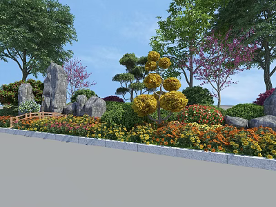 Garden Ornament Design With Decorative Rocks Trimmed Shrubs And Colorful Flowers 3d model