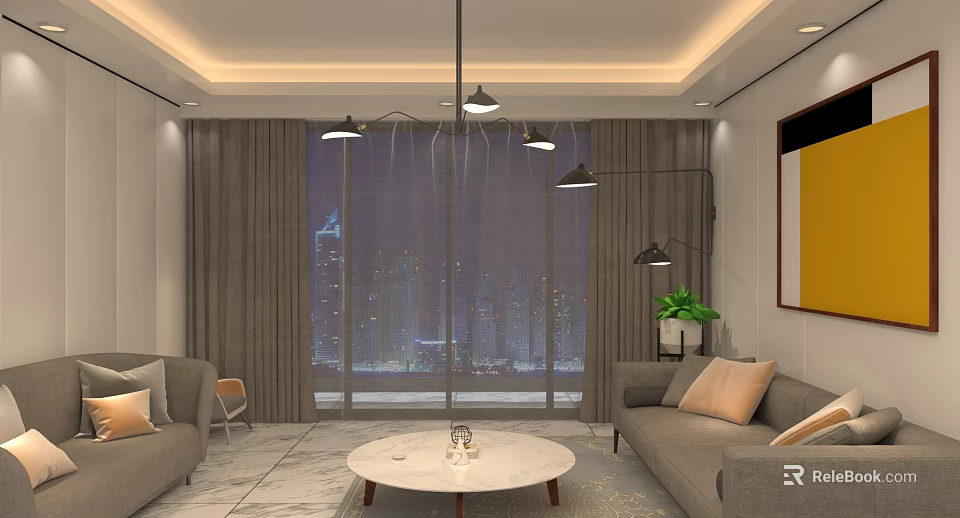 Modern Cozy Living Room Interior With City Night View Marble Coffee Table And Soft Sofas 3d model 