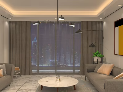 Modern Cozy Living Room Interior With City Night View Marble Coffee Table And Soft Sofas 3d model