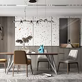 Modern Dining Table Set With Chairs Hanging Lights And Patterned Wall Interior 3d model