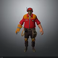 Cartoon Worker Character In Red And Orange Uniform With Hat And Tools