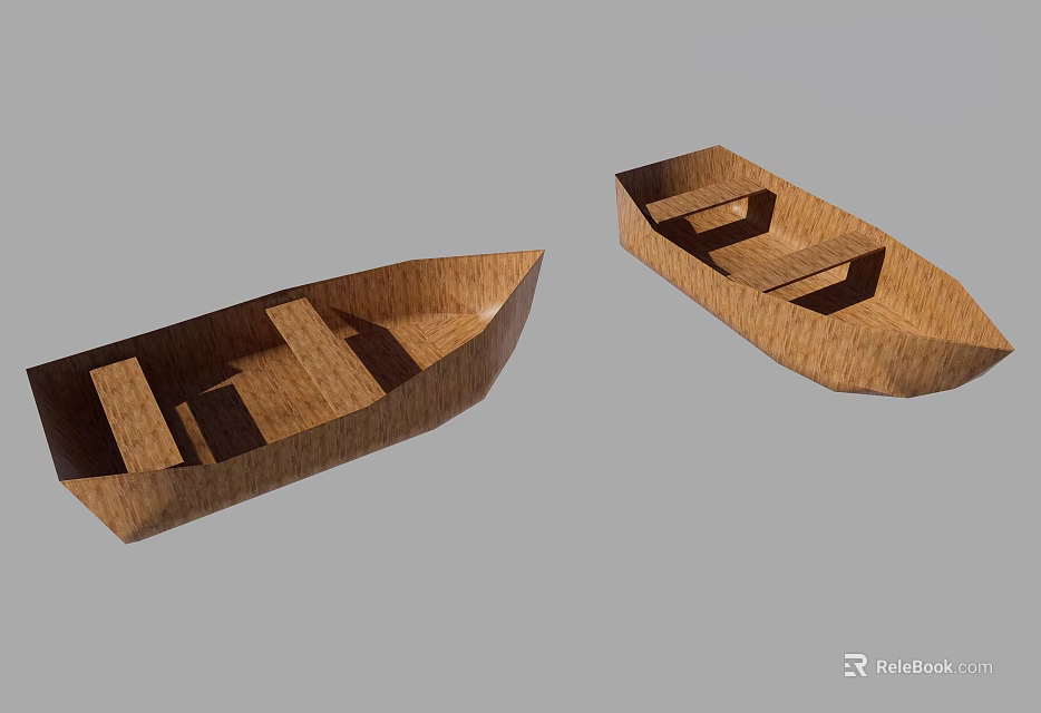 Two Small Wooden Boats With Simple Interior Structure On Gray Background 3d model 