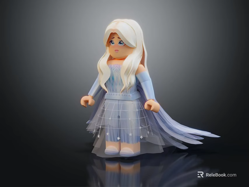 Elegant Doll With White Long Hair Blue Eyes Light Blue Dress Tulle Skirt And Cape 3d model 