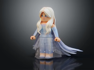 Elegant Doll With White Long Hair Blue Eyes Light Blue Dress Tulle Skirt And Cape 3d model