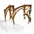 Wooden Architectural Structure With Intricate Carved Details And Hanging Vines