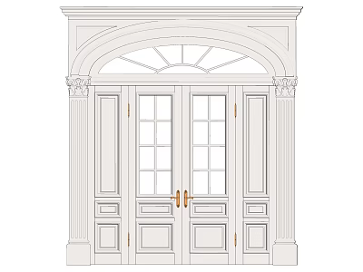 Elegant White Double Doors With Glass Panels Decorative Columns Arched Top And Golden Handles 3d model