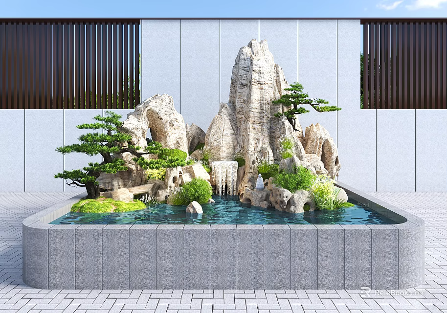 Natural Rockery Formation With Water Pool Green Plants And Pine Trees In Garden 3d model 