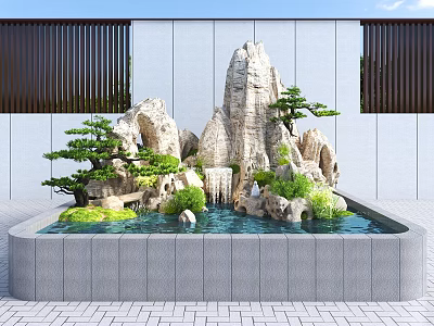 Natural Rockery Formation With Water Pool Green Plants And Pine Trees In Garden 3d model