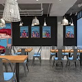 Malatang Restaurant Interior With Open Kitchen Menu Display Wooden Tables And Hanging Lights